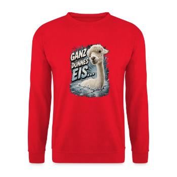 "Ganz dünnes Eis" Alpaka Spruch - Unisex Pullover - Rot - Vorne - Alina (178cm) & Michal (187cm)