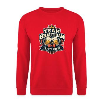 Team Bräutigam Letzte Runde JGA Junggesellen - Unisex Pullover - Rot - Vorne - Alina (178cm) & Michal (187cm)