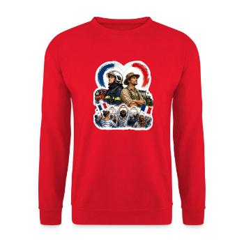 Patriotischer Feuerwehrmann und Bauernhelden - Unisex Pullover - Rot - Vorne - Alina (178cm) & Michal (187cm)
