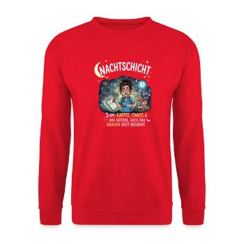 NachtSchicht Chaos Kaffee - Unisex Pullover - Rot - Vorne - Alina (178cm) & Michal (187cm)