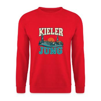 Kieler Jung - Maritime Skyline von Kiel - Unisex Pullover - Rot - Vorne - Alina (178cm) & Michal (187cm)