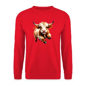 Comic Highland Rind rennt lustig auf dich zu Shirt - Unisex Pullover - Rot - Vorne - Alina (178cm) & Michal (187cm)