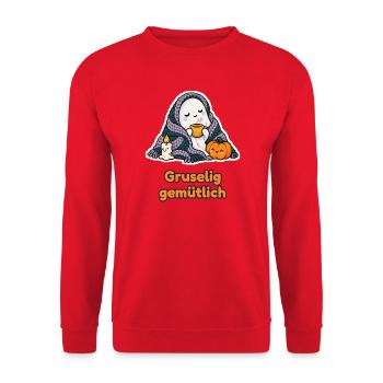 Gruselig gemütlich – Geist mit Decke und Tee - Unisex Pullover - Rot - Vorne - Alina (178cm) & Michal (187cm)
