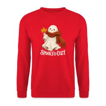 Spooky & Cozy Herbstgeist mit Schal - Unisex Pullover - Rot - Vorne - Alina (178cm) & Michal (187cm)
