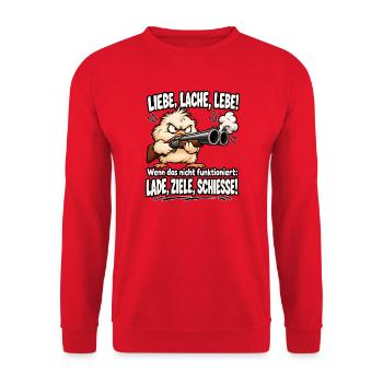 Liebe, Lache, Lebe – Lade, Ziele, Schieße | Lustig - Unisex Pullover - Rot - Vorne - Alina (178cm) & Michal (187cm)