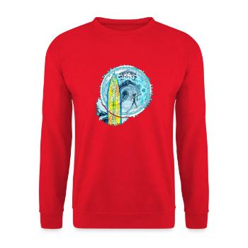 Wellen- und Surfer Motiv mit Mandala - Unisex Pullover - Rot - Vorne - Alina (178cm) & Michal (187cm)