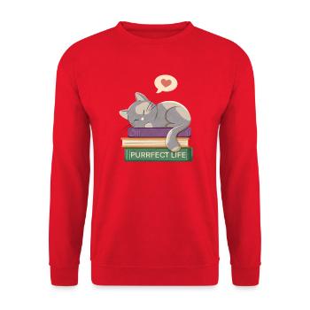 Katze und Bücher - Purrfect life - Unisex Pullover - Rot - Vorne - Alina (178cm) & Michal (187cm)