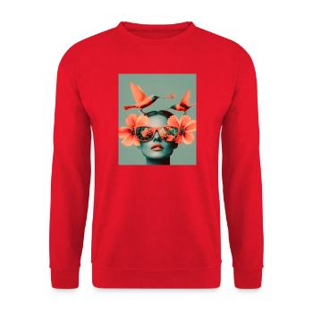 Porträt einer Frau mit Vögeln und Blumen - Unisex Pullover - Rot - Vorne - Alina (178cm) & Michal (187cm)