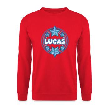 Lucas als Name - Unisex Pullover - Rot - Vorne - Alina (178cm) & Michal (187cm)