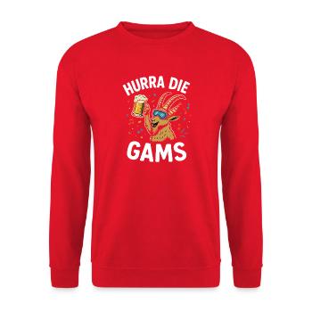 Hurray the chamois – Funny après-ski & alpine pasture saying - Unisex Sweatshirt - red - Front - Alina (178cm) & Michal (187cm)