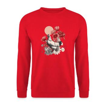 Vintage Huhn mit roten Blüten – Boho Illustration - Unisex Pullover - Rot - Vorne - Alina (178cm) & Michal (187cm)