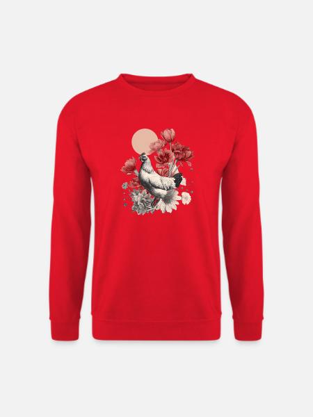 Vintage Huhn mit roten Blüten – Boho Illustration - Unisex Pullover - Rot