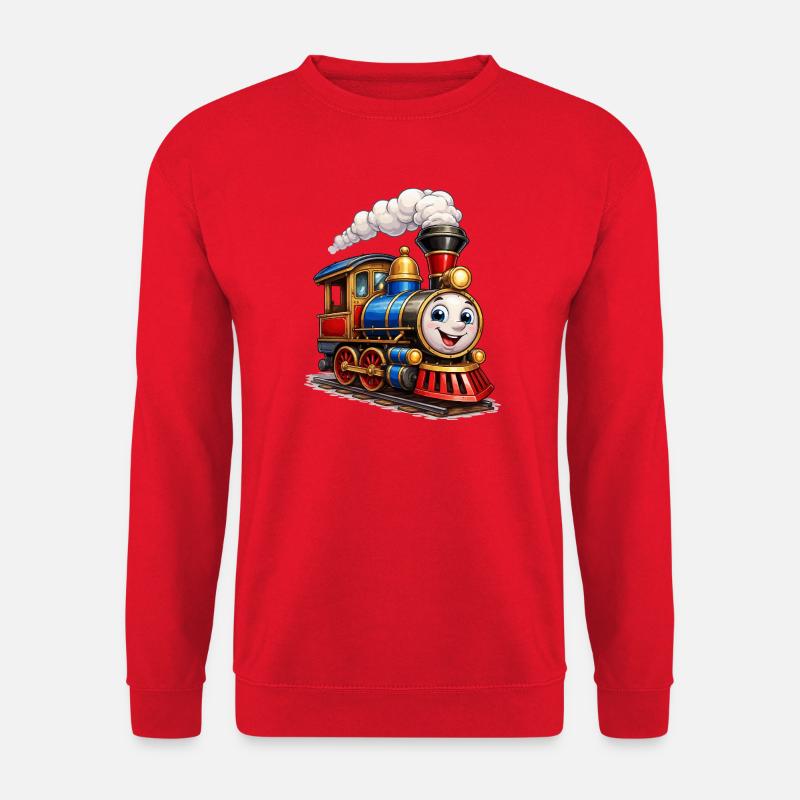 Fröhliche Cartoon-Dampflok mit Gesicht - Unisex Pullover - Rot