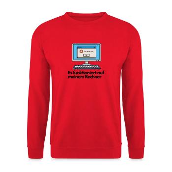 Es funktioniert auf meinem Rechner | IT Humor - Unisex Pullover - Rot - Vorne - Alina (178cm) & Michal (187cm)