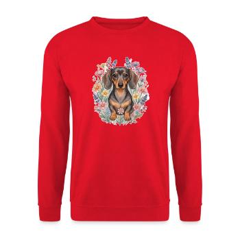 Dackel Wildblumen Aquarell – Botanical Style - Unisex Pullover - Rot - Vorne - Alina (178cm) & Michal (187cm)