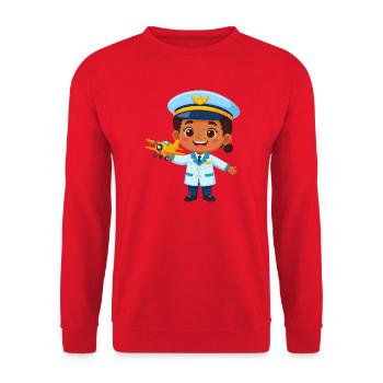 Kawaii Kapitän mit Flugzeug – Niedlicher Pilot Art - Unisex Pullover - Rot - Vorne - Alina (178cm) & Michal (187cm)