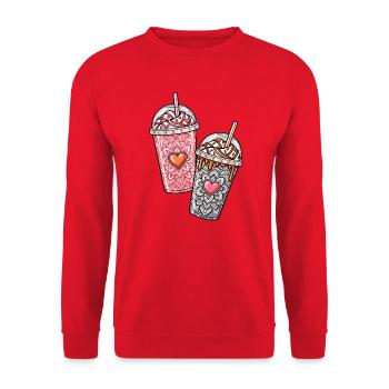 Coffee Hearts – Pink & Orange Iced Coffee - Unisex Pullover - Rot - Vorne - Alina (178cm) & Michal (187cm)