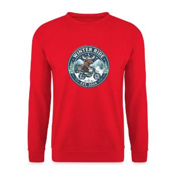 Winterfahrt: Elch auf Motorrad - Unisex Pullover - Rot - Vorne - Alina (178cm) & Michal (187cm)