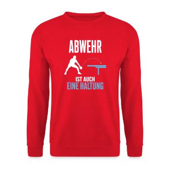 Abwehr ist auch eine Haltung – Tischtennis - Unisex Pullover - Rot - Vorne - Alina (178cm) & Michal (187cm)
