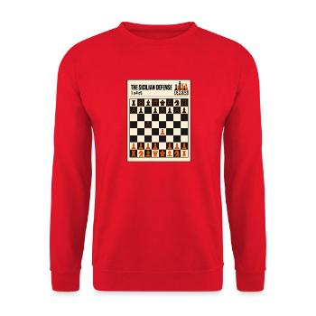 Schachmotiv Sicilian defense Schachspieler - Unisex Pullover - Rot - Vorne - Alina (178cm) & Michal (187cm)