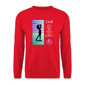 Golferin im Stillen Moment - Unisex Pullover - Rot - Vorne - Alina (178cm) & Michal (187cm)