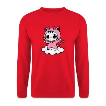 Kawaii Pink Dämon Katze auf einer Wolke - Unisex Pullover - Rot - Vorne - Alina (178cm) & Michal (187cm)
