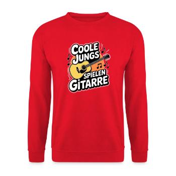 Coole Jungs spielen Gitarre – Musik, Rock, Spruch - Unisex Pullover - Rot - Vorne - Alina (178cm) & Michal (187cm)