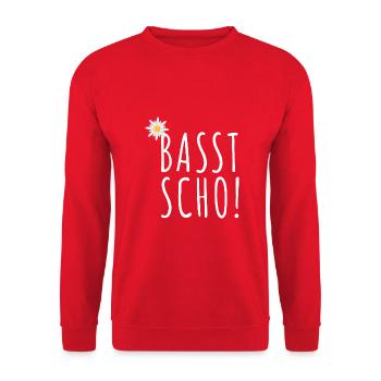 Basst Scho | Trachten Hirsch - Unisex Pullover - Rot - Vorne - Alina (178cm) & Michal (187cm)