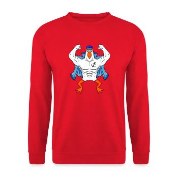 Muskelöse Seemöwe mit Anker Tattoo Möwe Geschenk - Unisex Pullover - Rot - Vorne - Alina (178cm) & Michal (187cm)