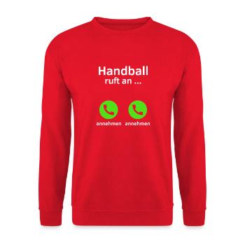 Handball ruft an - annehmen oder annehmen? - Unisex Pullover - Rot - Vorne - Alina (178cm) & Michal (187cm)