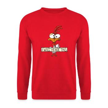 I will hendl this - Hahn, lustiger Spruch - Unisex Pullover - Rot - Vorne - Alina (178cm) & Michal (187cm)