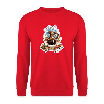 Kaffee Oder Heiltrank Fantasy RPG Shirt - Unisex Pullover - Rot - Vorne - Alina (178cm) & Michal (187cm)