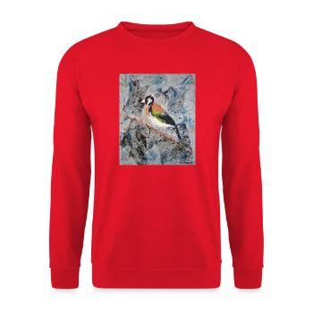 Acrylic painting with Stiglitz on tree branch - Unisex Sweatshirt - red - Front - Alina (178cm) & Michal (187cm)