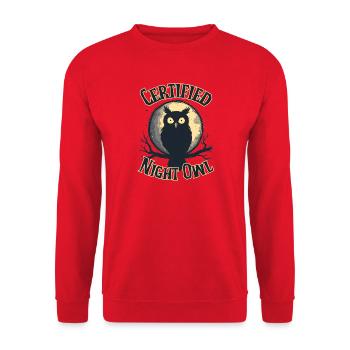 Zertifizierter Nachtmensch – Nachtschwärmer Vibes - Unisex Pullover - Rot - Vorne - Alina (178cm) & Michal (187cm)