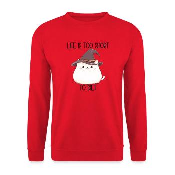 Life Is Too Short To Diet – Pummelige Zauberkatze - Unisex Pullover - Rot - Vorne - Alina (178cm) & Michal (187cm)