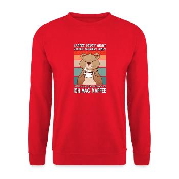 Lustige Morgenmuffel Kaffee Sprüche  - Unisex Pullover - Rot - Vorne - Alina (178cm) & Michal (187cm)