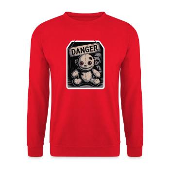 Unheimliche Puppe mit Gefahrenschild - Unisex Pullover - Rot - Vorne - Alina (178cm) & Michal (187cm)