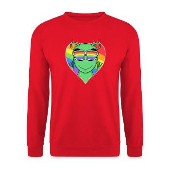 LGBTQ+ Regenbogen Sci-Fi Alien mit Herz und Farben - Unisex Pullover - Rot - Vorne - Alina (178cm) & Michal (187cm)