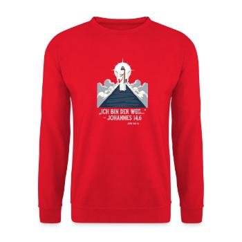 Jesus zeigt den Weg Christlicher Glauben Spruch  - Unisex Pullover - Rot - Vorne - Alina (178cm) & Michal (187cm)