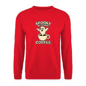 Spooky Kaffee Motiv mit Kuschelgeist - Unisex Pullover - Rot - Vorne - Alina (178cm) & Michal (187cm)