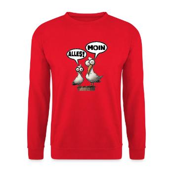 Humorvolle Möwen mit Sprüchen Moin - Unisex Pullover - Rot - Vorne - Alina (178cm) & Michal (187cm)