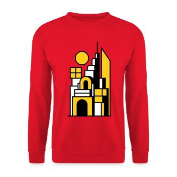 Abstraktes Stadtbild in Gelb Schwarz - Unisex Pullover - Rot - Vorne - Alina (178cm) & Michal (187cm)