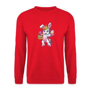 Fröhliches Einhorn Ostereiersuche Abenteuer - Unisex Pullover - Rot - Vorne - Alina (178cm) & Michal (187cm)