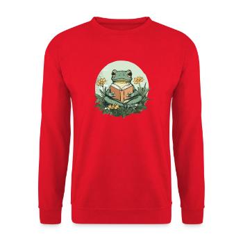 Frosch liest Buch im Blumenmeer - Unisex Pullover - Rot - Vorne - Alina (178cm) & Michal (187cm)