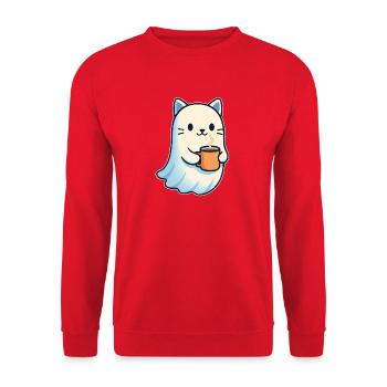 Kaffeegeist Katze mit Becher - Unisex Pullover - Rot - Vorne - Alina (178cm) & Michal (187cm)