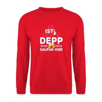 Er ist der Depp - JGA Team Bräutigam - Unisex Pullover - Rot - Vorne - Alina (178cm) & Michal (187cm)