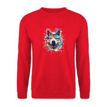 Buntes Hunde-Porträt im Splatter-Stil - Unisex Pullover - Rot - Vorne - Alina (178cm) & Michal (187cm)