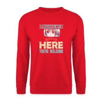 Ich habe meinen Lieblingsanime pausiert, um hier zu sein - Unisex Pullover - Rot - Vorne - Alina (178cm) & Michal (187cm)