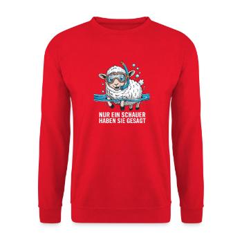 Nur ein Schauer – Lustiges Schaf Design - Unisex Pullover - Rot - Vorne - Alina (178cm) & Michal (187cm)