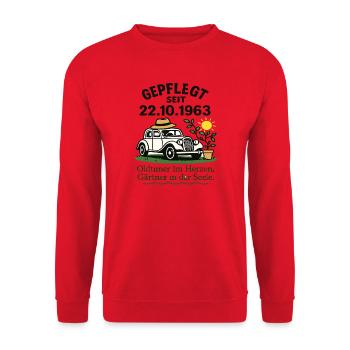 Gepflegt Seit 1963 Oldtimer Gärtnerherz - Unisex Pullover - Rot - Vorne - Alina (178cm) & Michal (187cm)